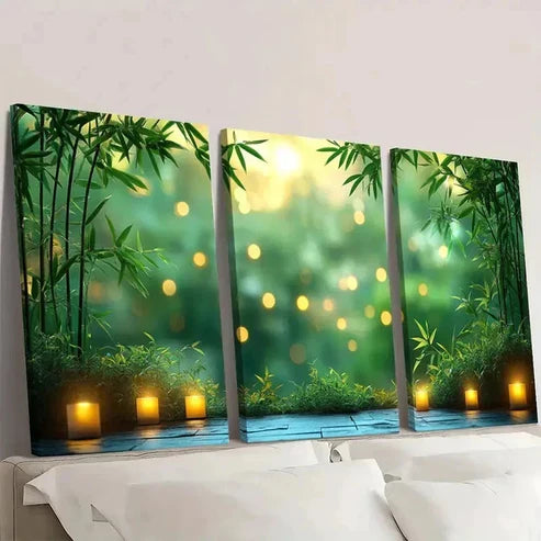 3pcs Serene Green Bamboo & Lanterns  Wall Art Set Canvas Unframed - High Quality Print 100% Australian Made Wall Canvas - Bella Home Decor