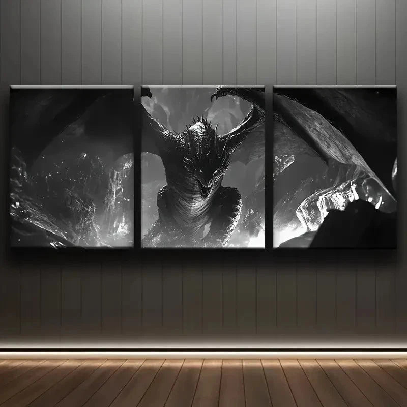 3pcs Black Dragon Wings Painting Metal Print Ready to Hang Art - Bella Home Decor