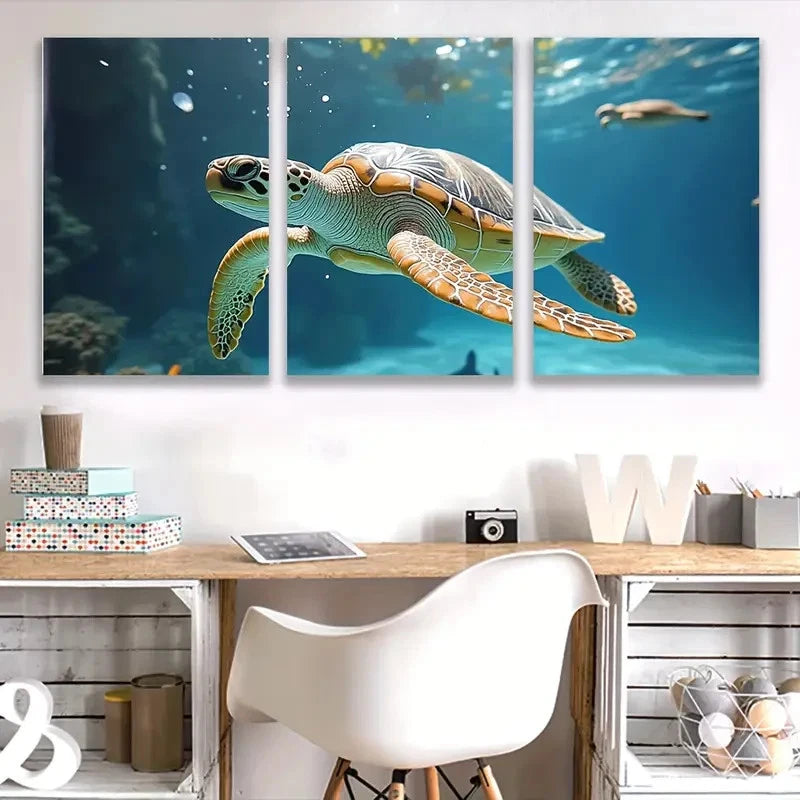 3pcs Vibrant Sea Turtle Swimming Ocean  Wall Art Set Canvas Framed 60x90cm - High Quality Print 100% Australian Made Wall Canvas Ready to Hang - Bella Home Decor
