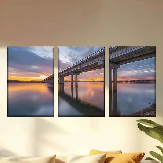 3pcs Sunset Bridge Scenery, Serene Water Wall Art Set Canvas Framed 40x60cm - High Quality Print 100% Australian Made Wall Canvas Ready to Hang
