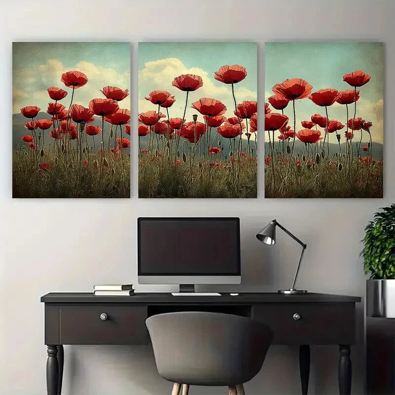 3pcs Poppy Meadow Field In Spring Design Metal Print Ready to Hang Art - Bella Home Decor