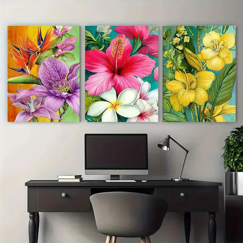 3pcs Colorful Florals with Leaves Illustration Wall Art Set Canvas Framed 40x60cm - High Quality Print 100% Australian Made Wall Canvas Ready to Hang - Bella Home Decor