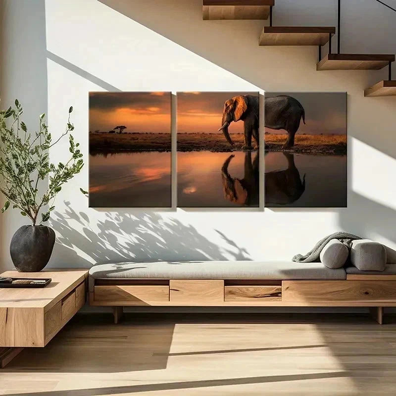 3pcs African Elephant at the Sunset Wall Art Set Canvas Framed 40x60cm - High Quality Print 100% Australian Made Wall Canvas Ready to Hang - Bella Home Decor