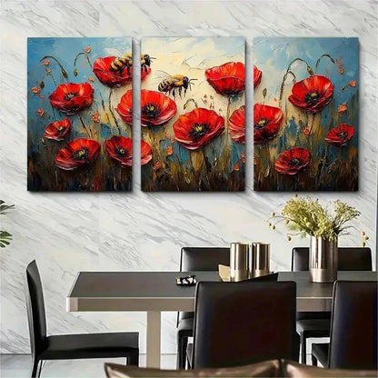 3pcs Red Poppy Painting Honeybee Perfect Wall Art Set Canvas Framed 50x70cm - High Quality Print 100% Australian Made Wall Canvas Ready to Hang