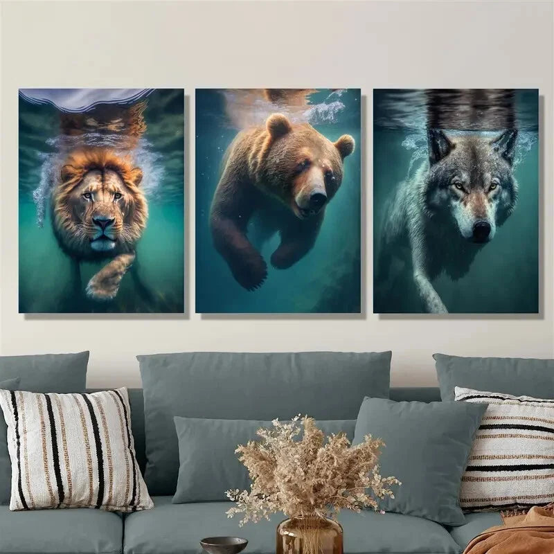 3pcs Beasts underwater, Lions, bears and wolves, Metal Print Ready to Hang Art - Bella Home Decor