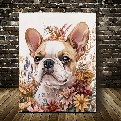 Flowers And Plants Cute Bulldog Dog Painting 40x60cm Metal Print Ready to Hang