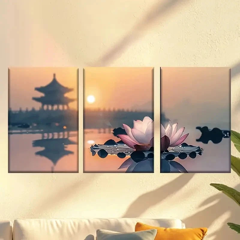 3pcs Lotus flower on table Wall Art Set Canvas Framed 40x60cm - High Quality Print 100% Australian Made Wall Canvas Ready to Hang