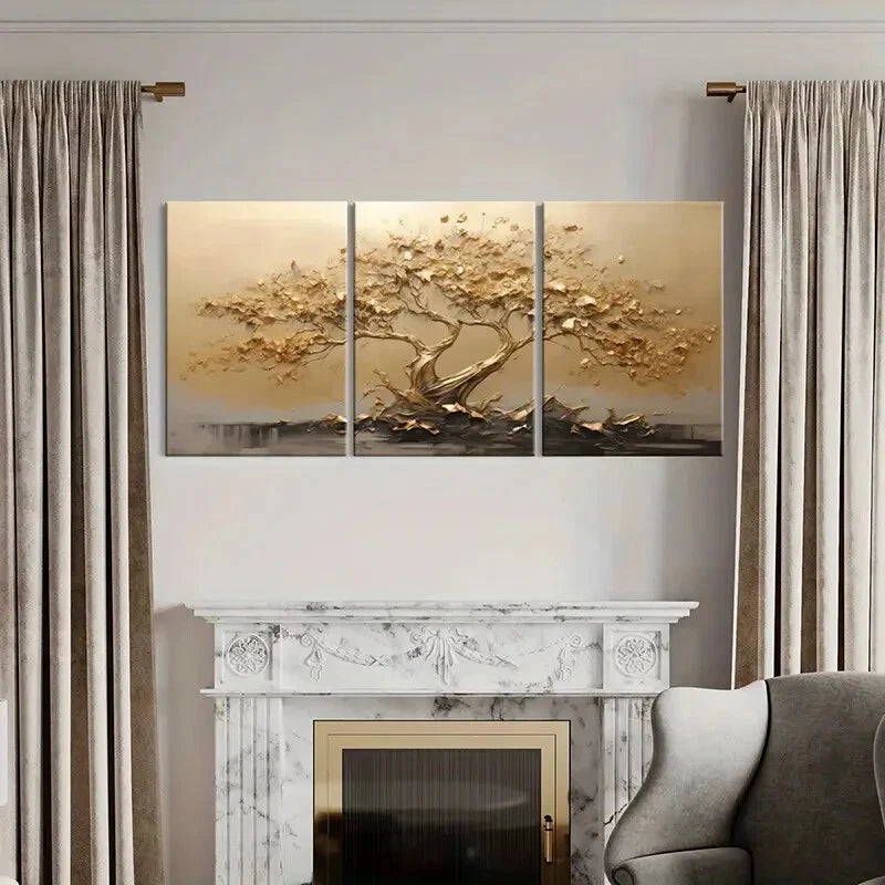 3pcs Golden Tree Abstract Art Nature Scene Metal Print Ready to Hang Art - Bella Home Decor