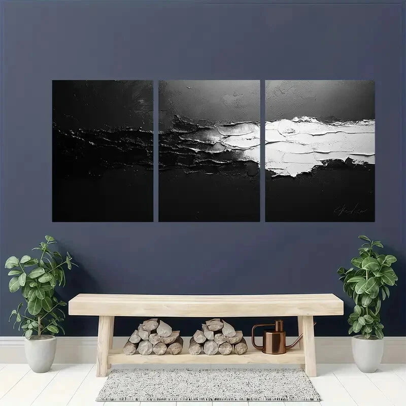 3pcs lack and White Abstract Texture Contemporary Metal Print Ready to Hang Art - Bella Home Decor