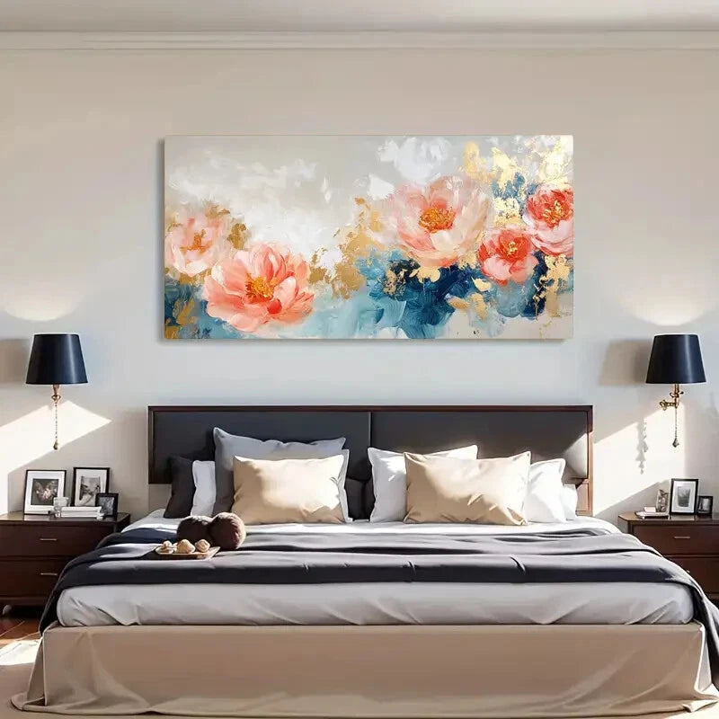 Peonies Golden Accents Pink Wall Art Canvas Office Home Room Framed 120x60cm - Bella Home Decor