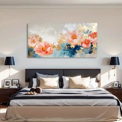 Peonies Golden Accents Pink Wall Art Canvas Office Home Room Framed 120x60cm - Bella Home Decor