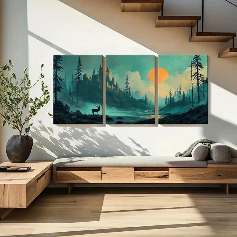 3pcs Mystical Castle Landscape Deer Silhouette Metal Print Ready to Hang Art - Bella Home Decor