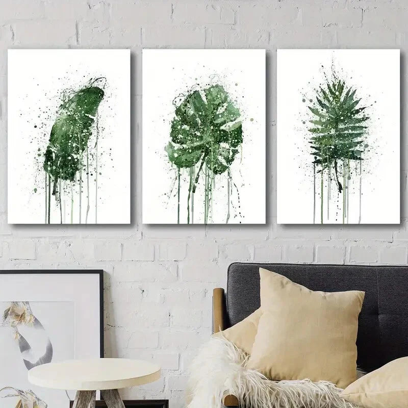 3pcs Green Leaf Mons tera & Palm Leaf  Perfect Wall Art Set Canvas Framed 40x60cm - High Quality Print 100% Australian Made Wall Canvas Ready to Hang - Bella Home Decor