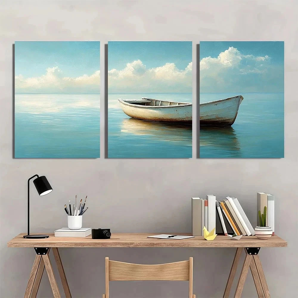 3pcs White Rowboat on Calm Water with Soft Blue Metal Print Ready to Hang Art