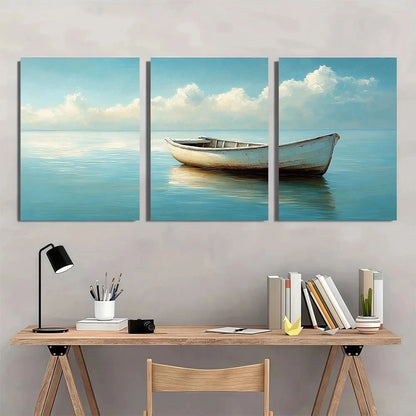 3pcs White Rowboat on Calm Water with Soft Blue Metal Print Ready to Hang Art