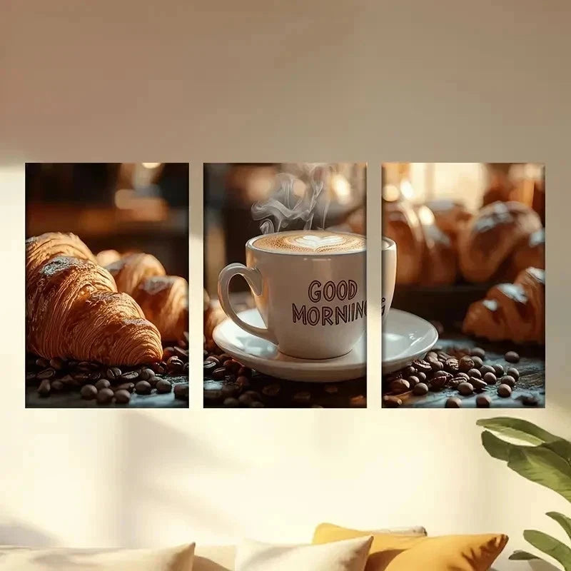 3pcs Coffee & Croissants Morning Scene  Wall Art Set Canvas Framed 60x90cm - High Quality Print 100% Australian Made Wall Canvas Ready to Hang - Bella Home Decor