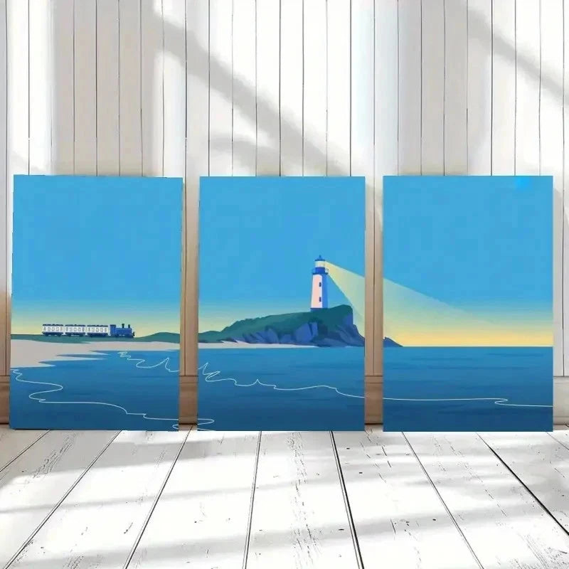 3pcs Beach, Lighthouse, Train  Wall Art Canvas Wall Art Set Canvas Framed 60x90cm - High Quality Print 100% Australian Made Wall Canvas Ready to Hang - Bella Home Decor