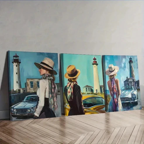 3pcs The girl by the old car (4) Wall Art Set Canvas Unframed - High Quality Print 100% Australian Made Wall Canvas