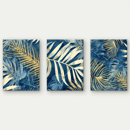 3pcs Modern Abstract Blue and Gold Palm Leaves Wall Art Set Canvas Framed 60x90cm - High Quality Print 100% Australian Made Wall Canvas Ready to Hang
