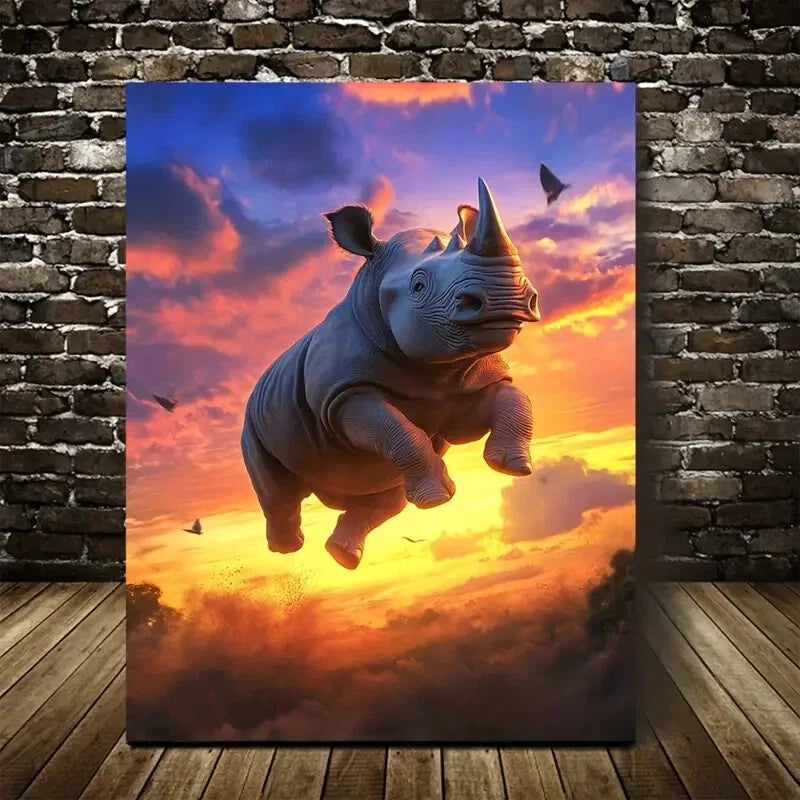 Cartoon Rhino Jumping Joyfully at Sunset Painting 40x60cm Metal Print Ready to Hang - Bella Home Decor