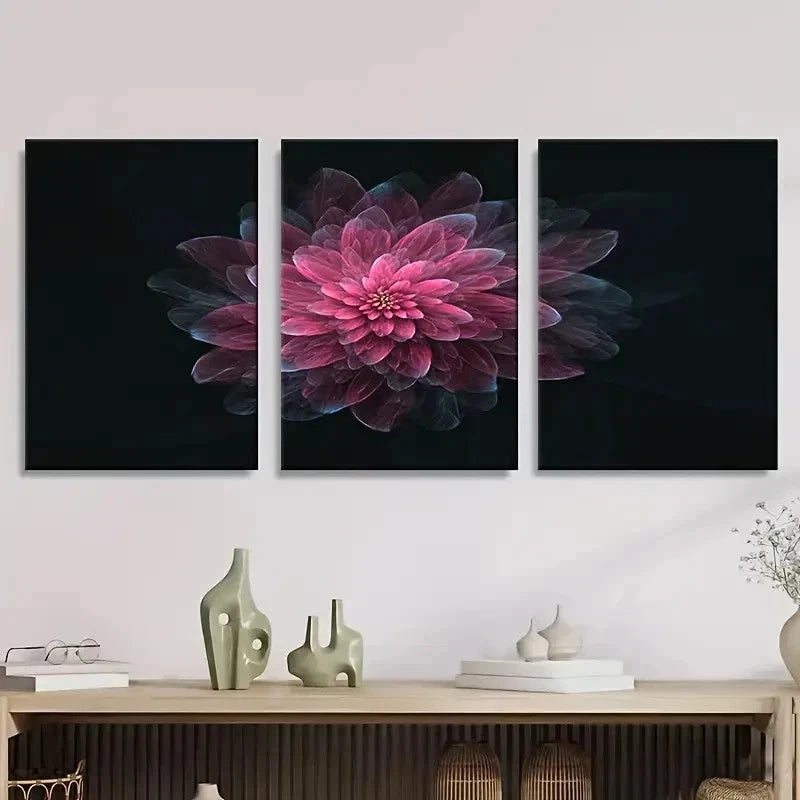 3pcs Pink Abstract Flower on Dark Background Wall Art Set Canvas Framed 60x90cm - High Quality Print 100% Australian Made Wall Canvas Ready to Hang