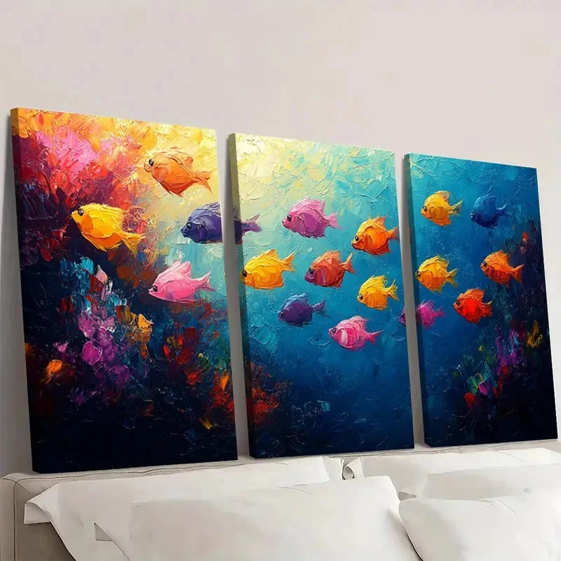 3pcs Fish  Blue Sea Original  Colorful ET    Wall Art Set Canvas Framed 40x60cm - High Quality Print 100% Australian Made Wall Canvas Ready to Hang - Bella Home Decor