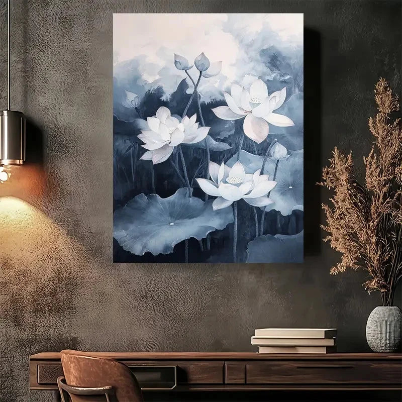 Beautiful Serene Blue & White Botanical Painting 40x60cm Metal Print Ready to Hang - Bella Home Decor