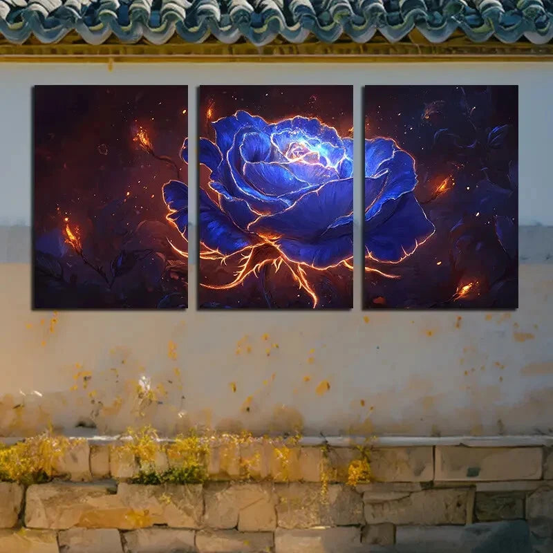 3pcs Vibrant Mystical Blue Rose Illustration Metal Print Ready to Hang Art - Bella Home Decor