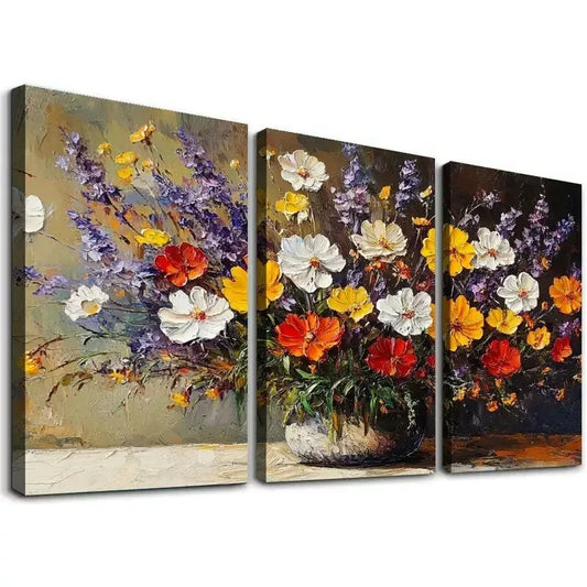 3pcs Classic Rustic Floral Daisy Wildflowers Wall Art Set Canvas Framed 50x70cm - High Quality Print 100% Australian Made Wall Canvas Ready to Hang