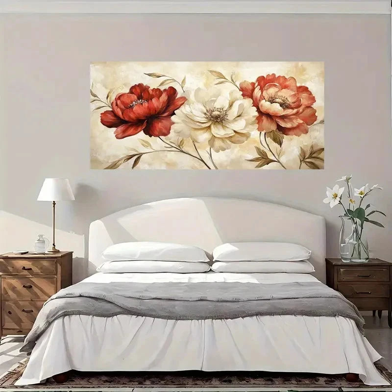 Red White Floral Wall Art Canvas Office Home Room Framed 120x60cm