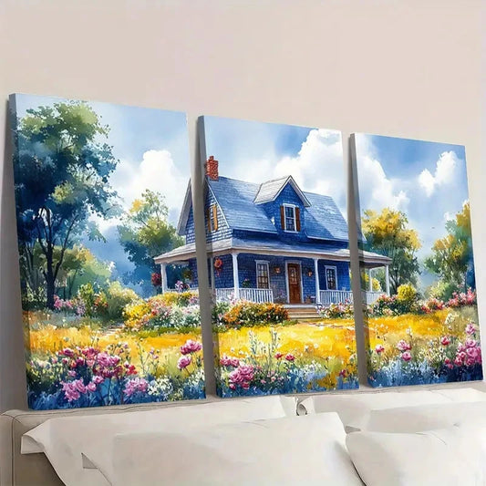 3pcs House Roses Garden Watercolor A Wall Art Set Canvas Framed 50x70cm - High Quality Print 100% Australian Made Wall Canvas Ready to Hang
