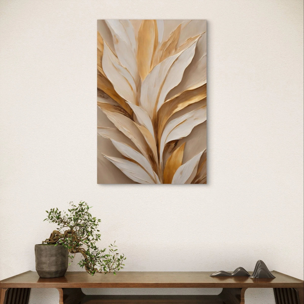 Modern Textured Gold and Neutral Leaves 40x60cm Metal Print Ready to Hang