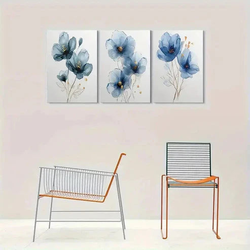 3pcs Modern Abstract Blue Floral Wall Art Set Canvas Unframed - High Quality Print 100% Australian Made Wall Canvas
