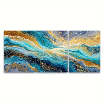 3pcs Blue Golden Ocean Abstract Painting Wall Art Set Canvas Framed 50x70cm - High Quality Print 100% Australian Made Wall Canvas Ready to Hang - Bella Home Decor