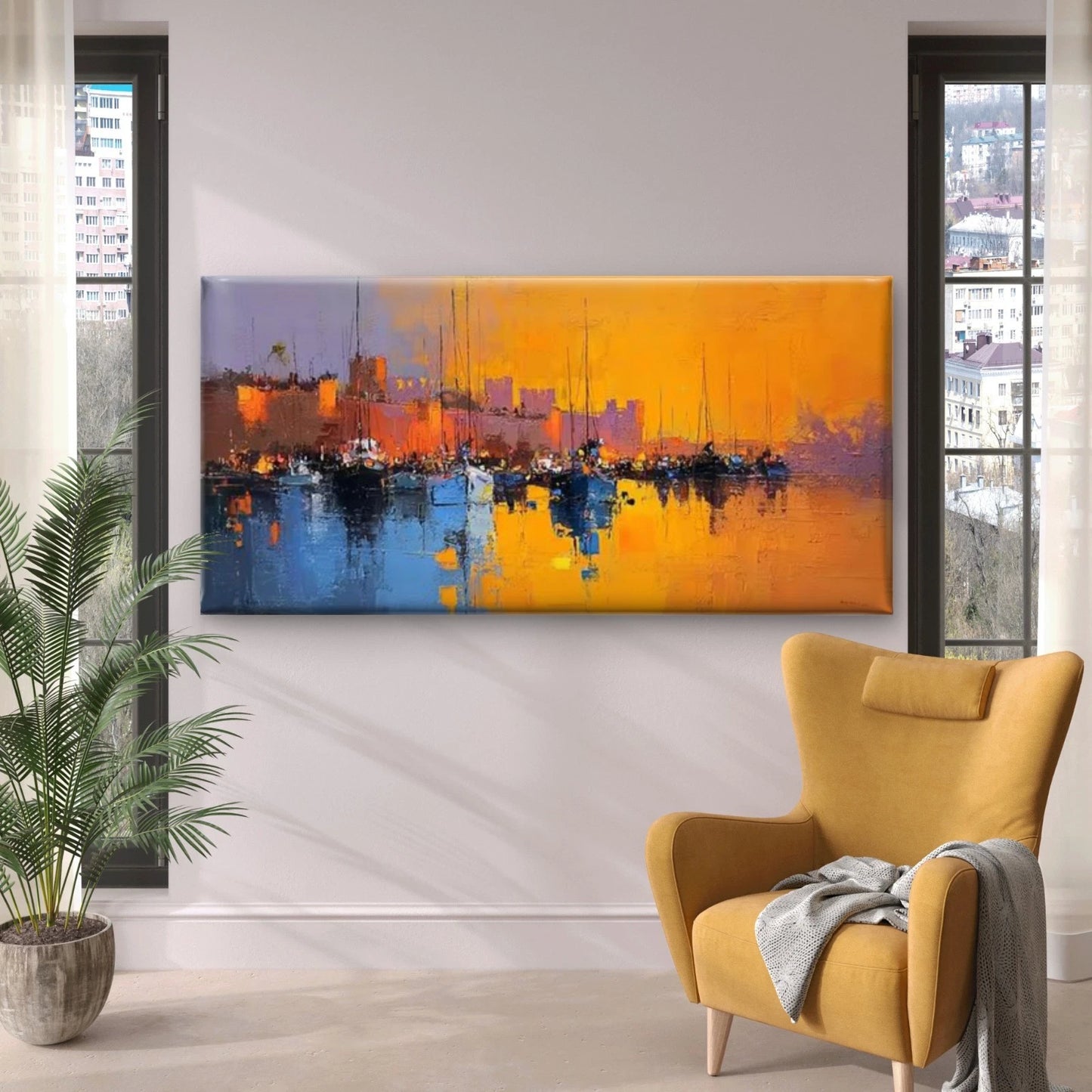 Abstract Coastal Maritime Cityscape Wall Art Canvas Office Home Room Framed 120x60cm - Bella Home Decor
