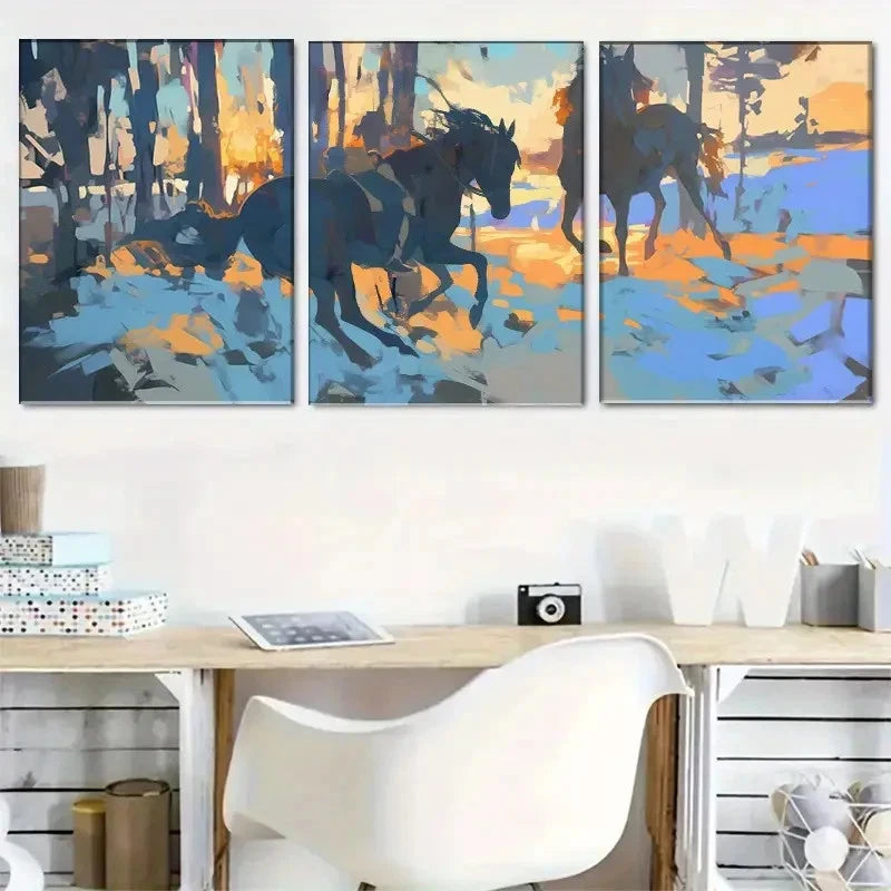 3pcs Abstract Running Horses in Forest Landscape Metal Print Ready to Hang Art - Bella Home Decor