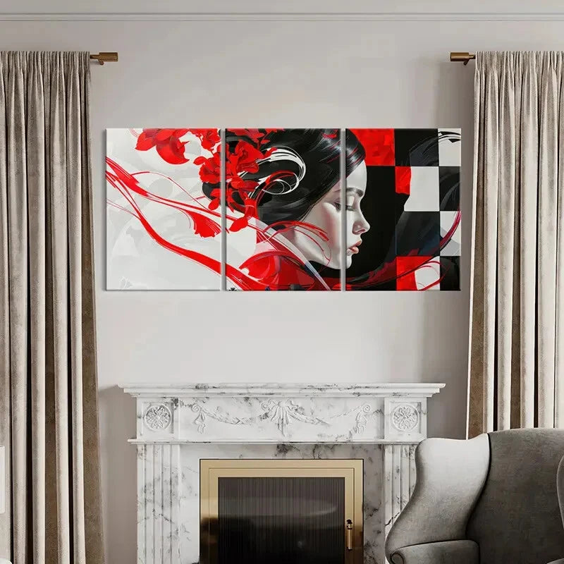 3pcs Abstract Art Red Flowers Geometric Patterns Metal Print Ready to Hang Art - Bella Home Decor