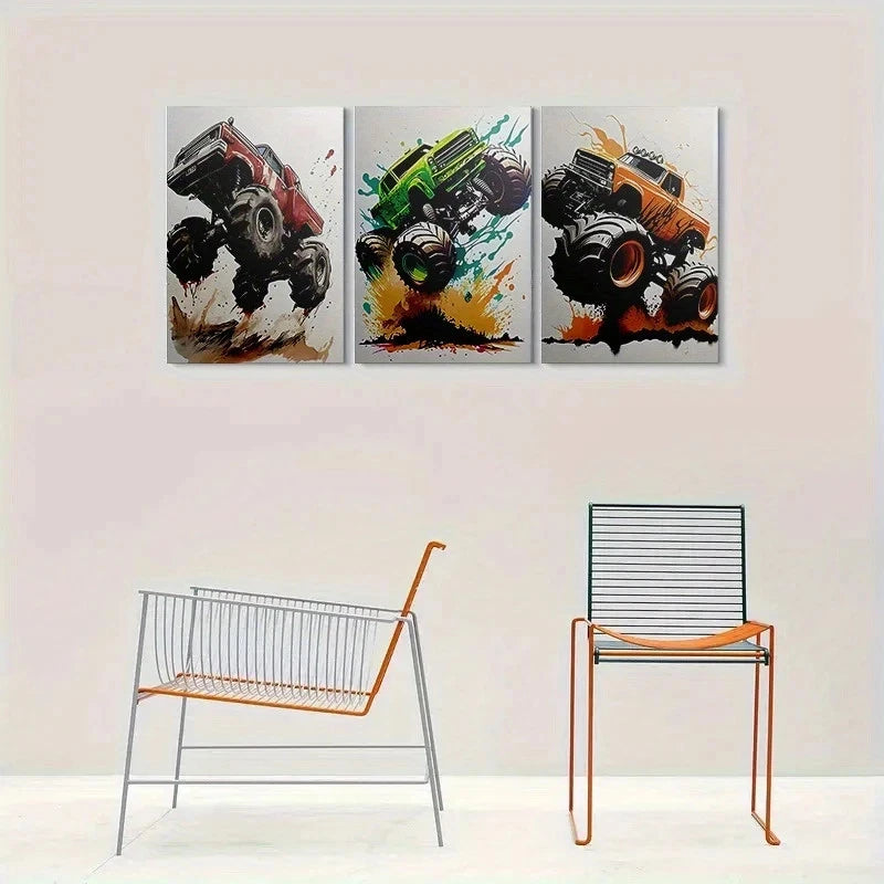 3pcs Monster Truck Colorful Red Green Metal Print Ready to Hang Art - Bella Home Decor