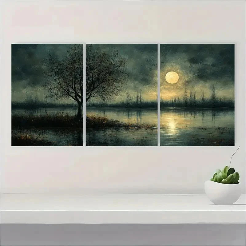 3pcs Moonlit Landscape Painting Dark Neutral Tones Metal Print Ready to Hang Art - Bella Home Decor