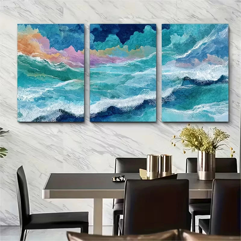3pcs Coastal Watercolor Seascape Metal Print Ready to Hang Art - Bella Home Decor