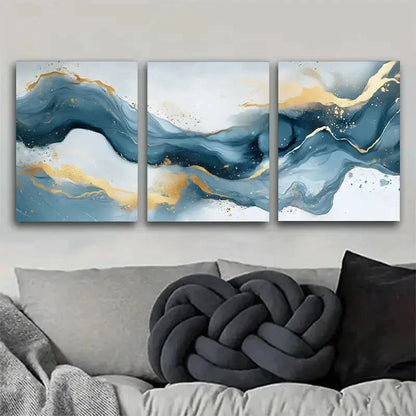 3pcs Abstract Blue-Golden Wave Flowing Design Metal Print Ready to Hang Art - Bella Home Decor