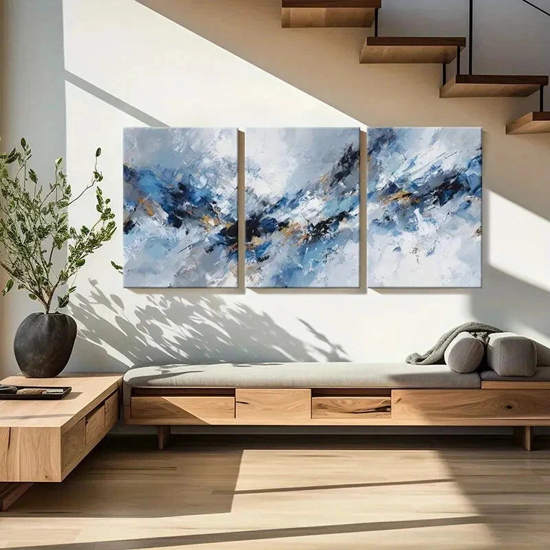 3pcs Abstract Art Blue White Textured Poster Metal Print Ready to Hang Art - Bella Home Decor