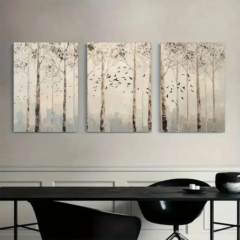 3pcs Birch Trees with Birds Flying in Mist Metal Print Ready to Hang Art - Bella Home Decor
