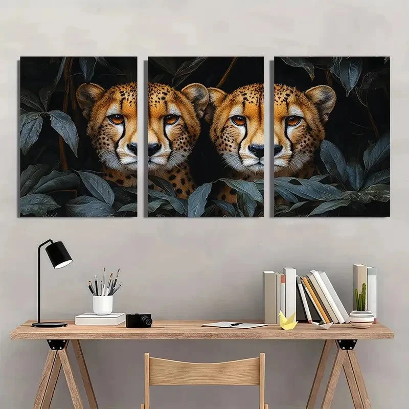 3pcs Animal Theme Cheetahs Green Leaves Wall Art Set Canvas Framed 60x90cm - High Quality Print 100% Australian Made Wall Canvas Ready to Hang - Bella Home Decor