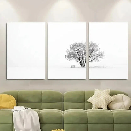 3pcs Serene Snowy Landscape with Leafless Tree Metal Print Ready to Hang Art