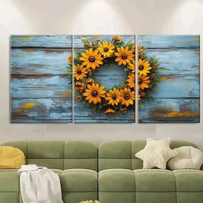 3pcs Rudbeckia Wreath Rustic Floral Y  Wall Art Set Canvas Framed 40x60cm - High Quality Print 100% Australian Made Wall Canvas Ready to Hang