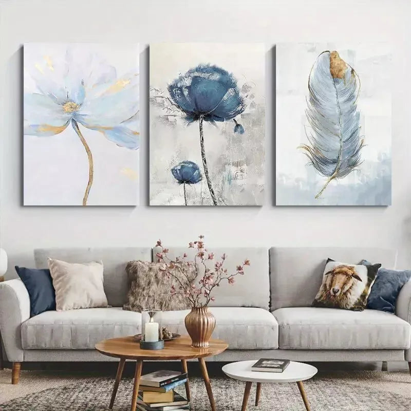 3pcs Blue Flower Wall Art Canvas Unframed - High Quality Print 100% Australian Made Wall Canvas - Bella Home Decor