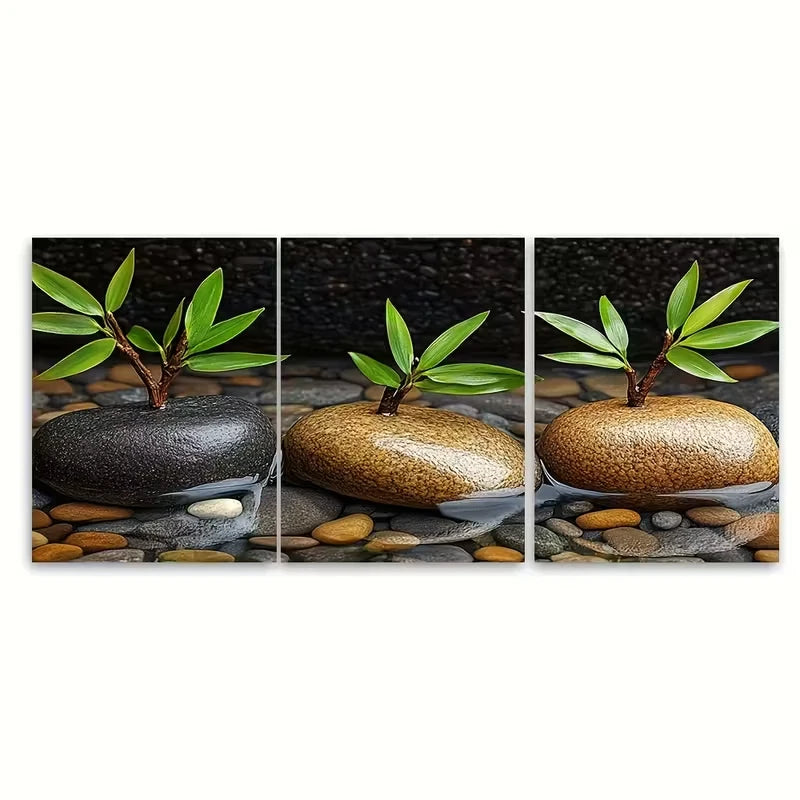 3pcs Bamboo Branches Stones Spa Atmosphere Metal Print Ready to Hang Art - Bella Home Decor