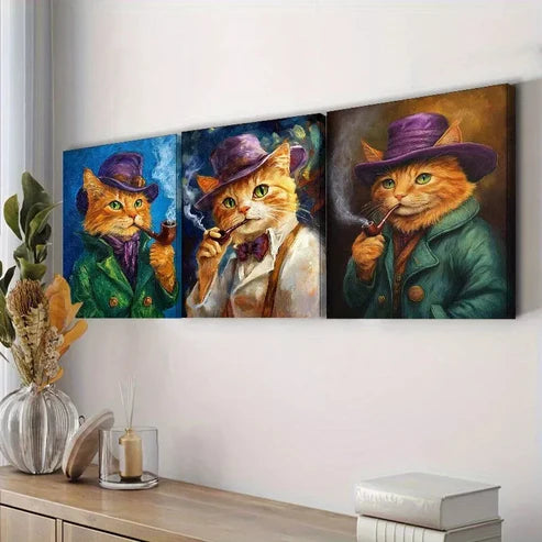 3pcs Featuring A Cat With A Pipe Orange Cat Wall Art Set Canvas Unframed - High Quality Print 100% Australian Made Wall Canvas