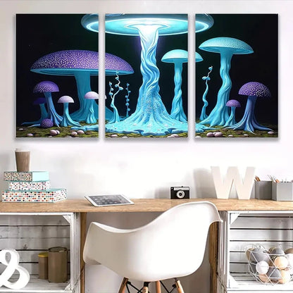 3pcs Forest with Glowing Blue Mushrooms ART Wall Art Set Canvas Framed 60x90cm - High Quality Print 100% Australian Made Wall Canvas Ready to Hang - Bella Home Decor